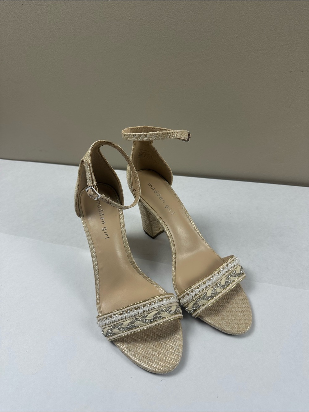 Madden Girl Natural Beige Braided Ankle-Strap Block Heels